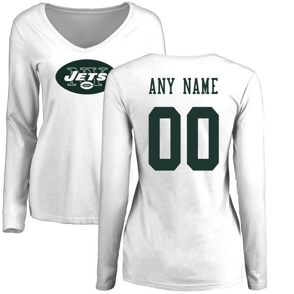Women New York Jets NFL Pro Line White Custom Name and Number Logo Slim Fit Long Sleeve T-Shirt->nfl t-shirts->Sports Accessory